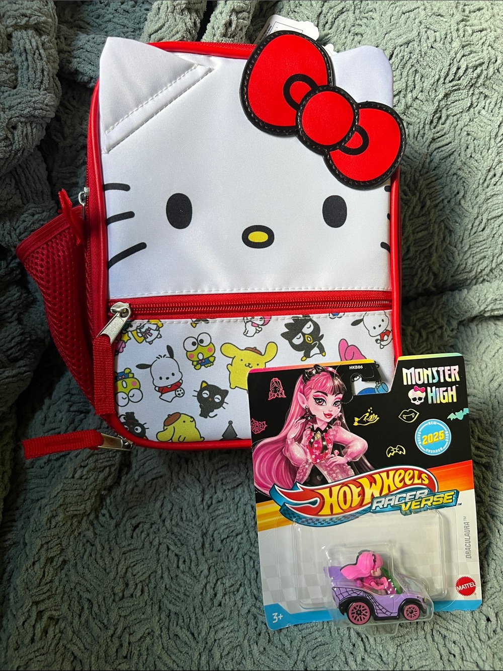 Hello Kitty Lunch Bag & Monster High hot wheels